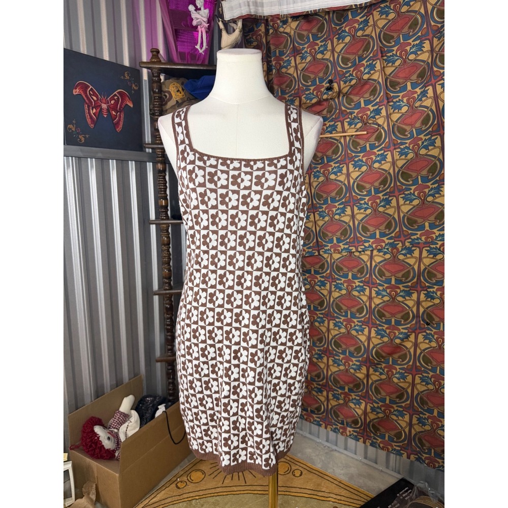 Hollister Brown White Floral Checkerboard Knit Mini Dress Large Square Neck L